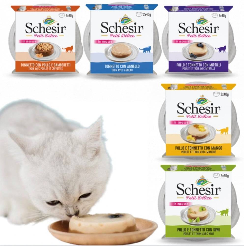 شيزر سمك التونة أو الدجاج في الموس 5xمعلبات 80غ Schesir Petit Delice in Mousse 80g x 5Pcs