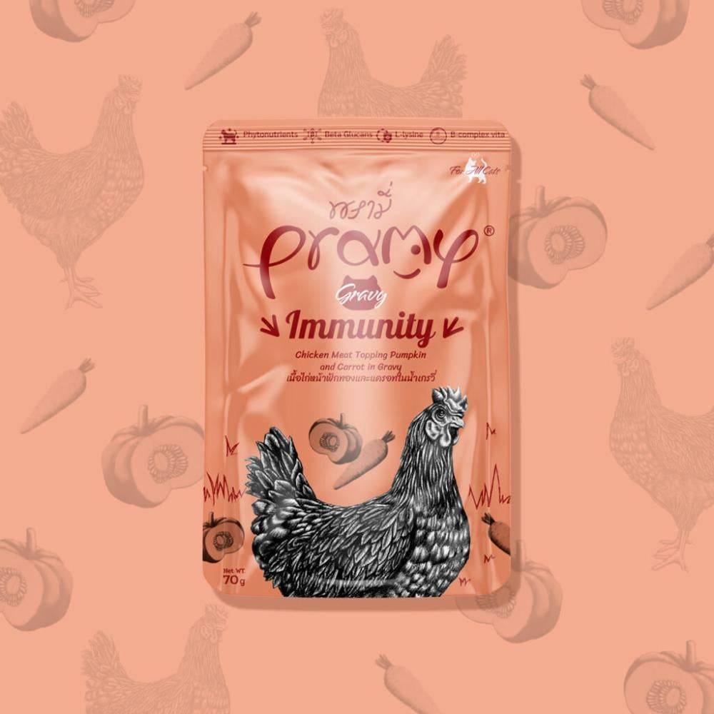 برامي اظرف الدجاج واليقطين مع الجزر في المرق (طعام رطب للقطط الصغيرة والبالغة) PRAMY Immunity Chicken Meat Topping Pumpkin and Carrot in Gravy