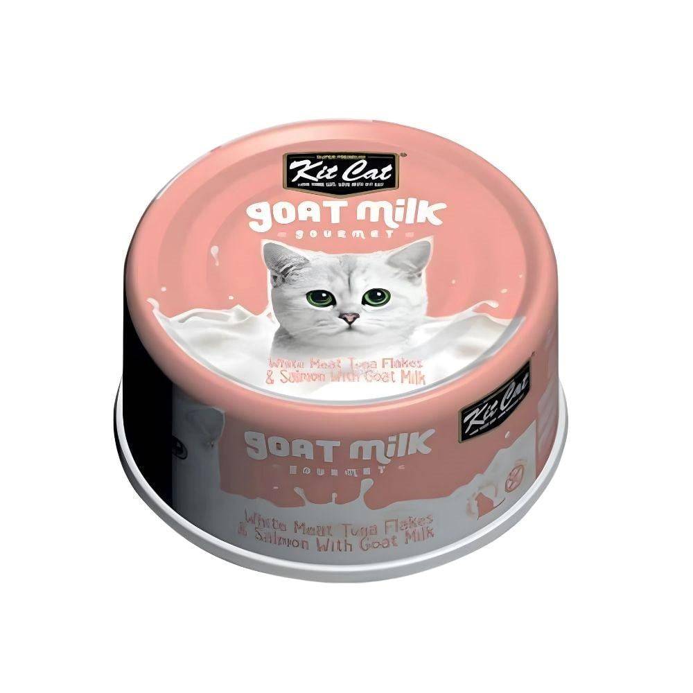 KitCat White Meat Tuna Flakes & Salmon With Goat Milk كت كات طعام رطب للقطط شرائح التونة البيضاء مع سمك السلمون وحليب الماعز 70غ