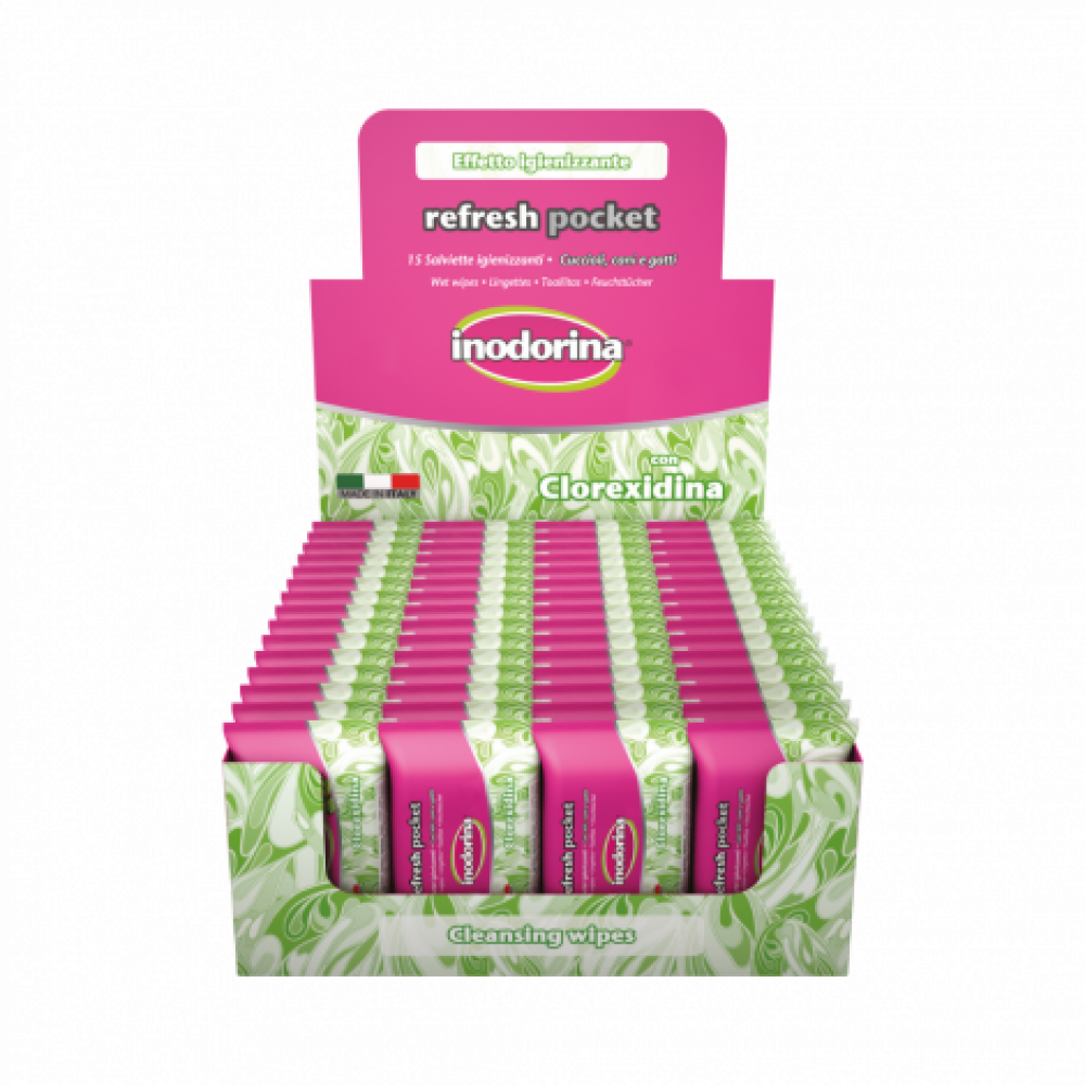 انودورينا مناديل رطبة للجيب مضادة للبكتيريا - 15 منديل Inodorina Refresh Pocket Clorexidina - 15 wet wipes