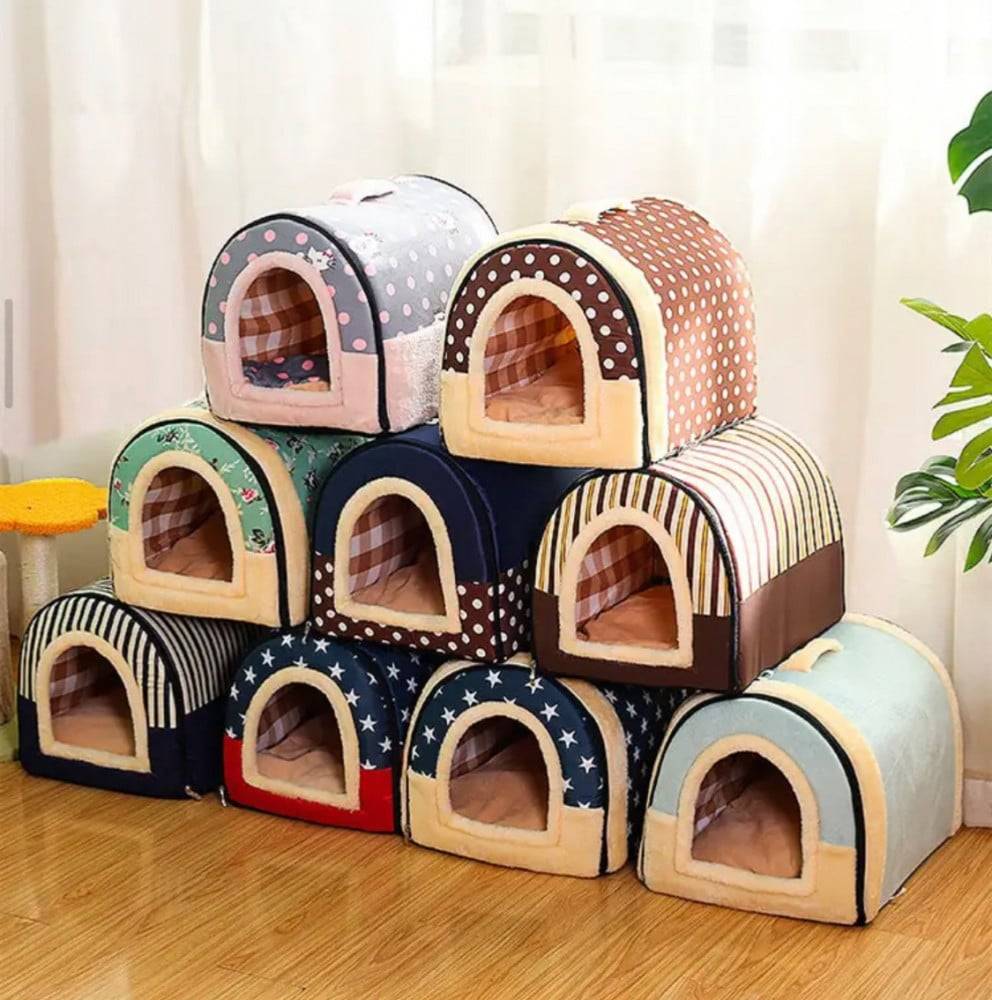 Cat house in the form of a portable suitcase - cave tent with beige and yellow stripes