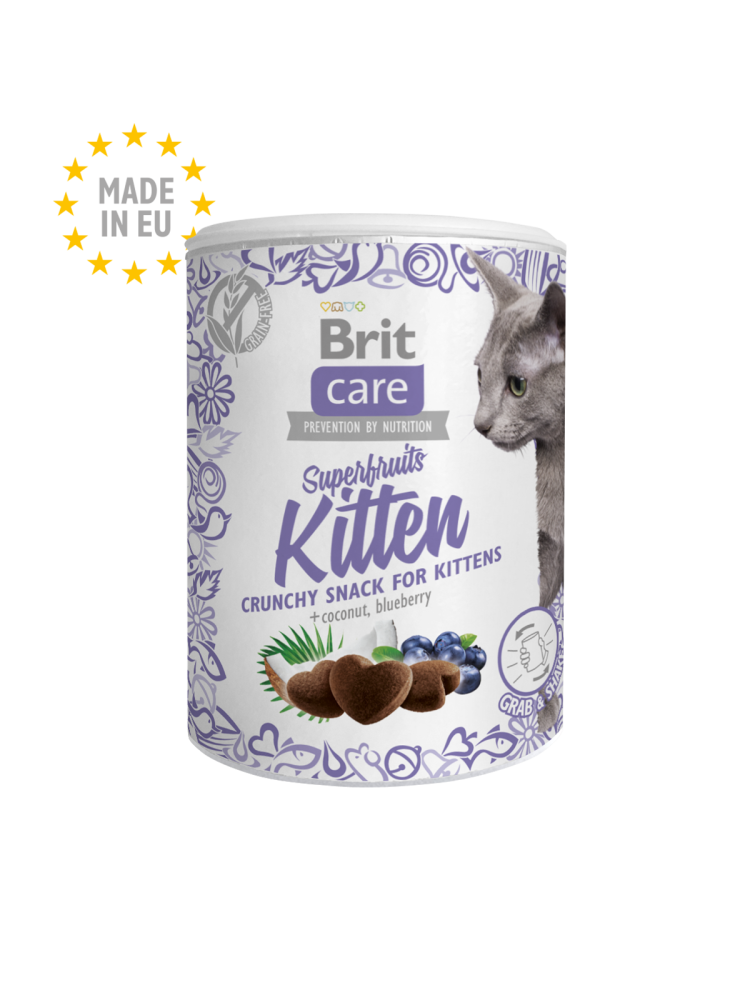 Brit Care Superfruits - Crunchy Snack for Kitten بريت كير كرنشي وجبة خفيفة للقطط الصغيرة بطعم الدجاج والتوت الأزرق