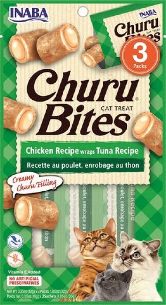 اينابا تشورو مكافآت قطط دجاج رطبة محشية تونا (10جرام 3Xاظرف) / (INABA Churu Bites Cat Treats Chicken Recipe Wraps - with Tuna Recipe (3PacksX 10g