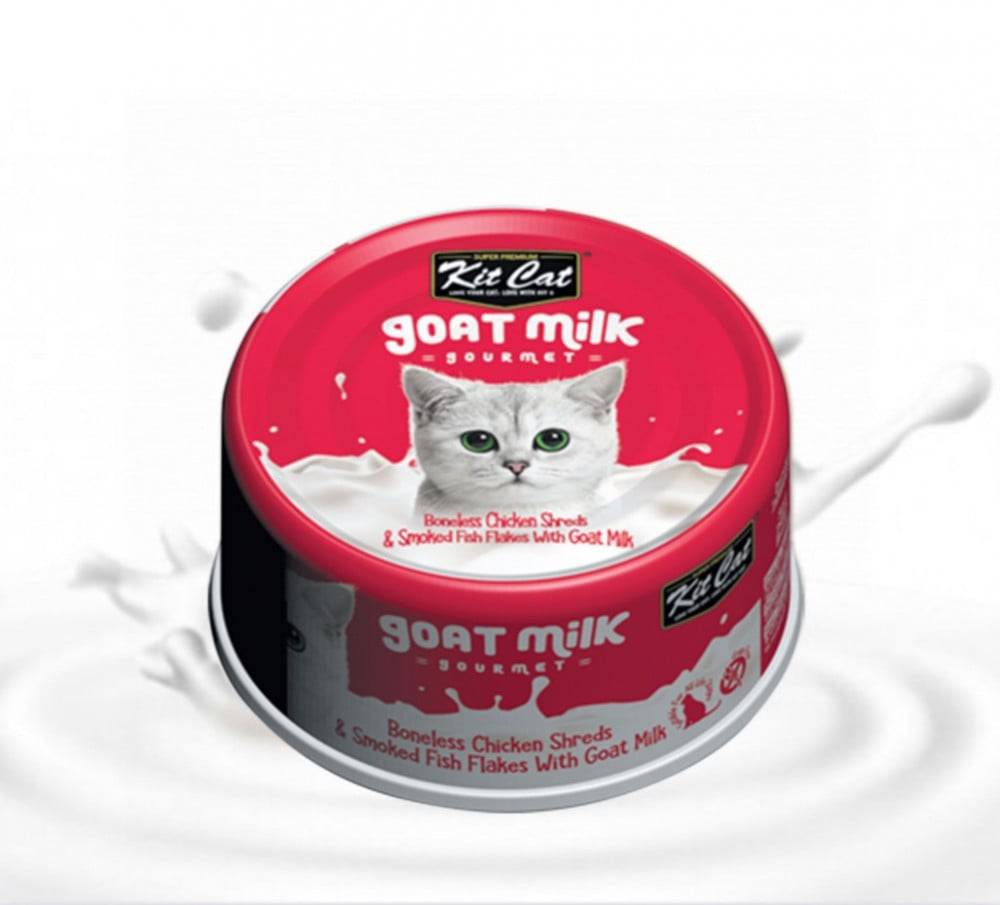 كت كات شرائح الدجاج مع السمك المدخن وحليب الماعز 70غ Kit Cat Boneless Chicken Shreds & Smoked Fish Flakes With Goat Milk 70g