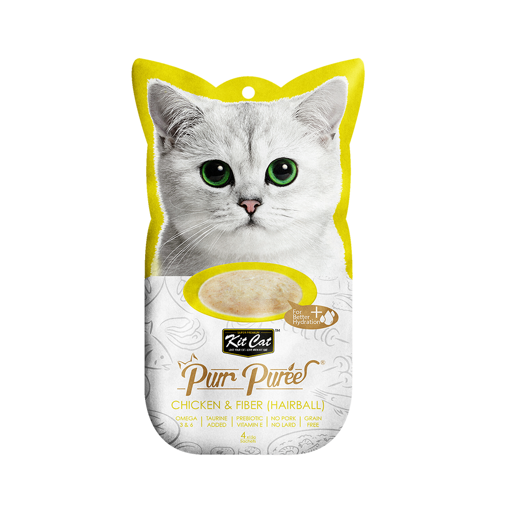 مكافآت قطط كت كات هريسة الدجاج والألياف (التحكم في كرات الشعر) Kit Cat Purr Puree Chicken & Fiber (Hairball)
