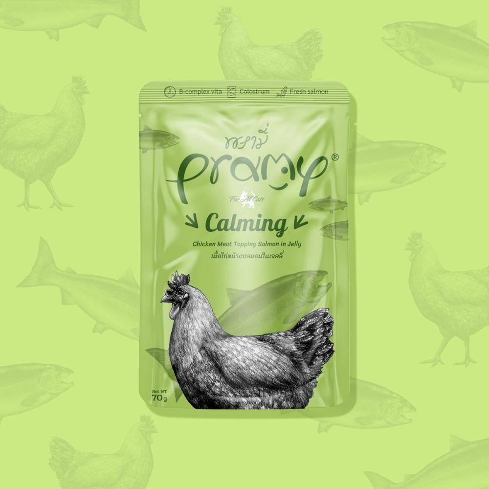 برامي لتهدئة القطط اظرف الدجاج مع السالمون في الجيلي (طعام رطب للقطط الصغيرة والبالغة) PRAMY Calming Chicken Topping Salmon in Jelly - for All cats
