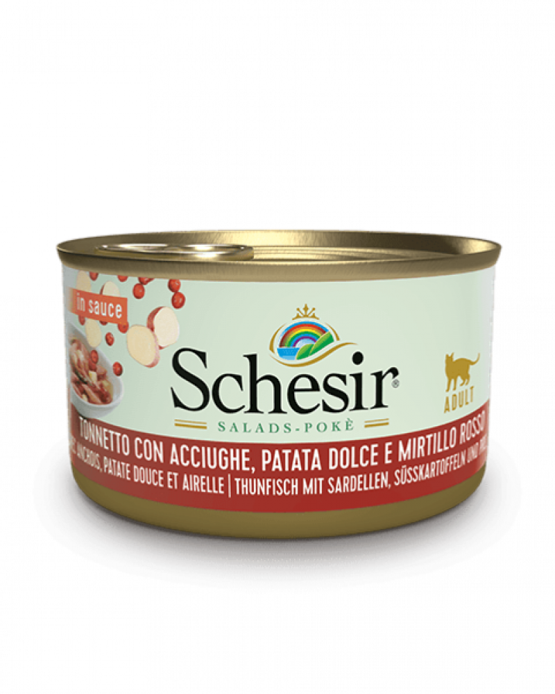 شيزر سلطة بالصلصة تونا والأنشوفة بطاطس حلوة مع الكرز (طعام رطب للقطط البالغة) 85غ Schesir Salad in Sauce Tuna with Snchovy & Sweet Potato and Cranberries 85 g