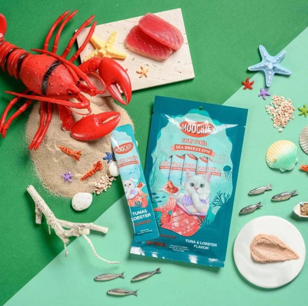 موتشي مكافآت قطط كريمة التونه وسرطان البحر Moochie Fairy Purée - Sea Breeze Epic Tuna & Lobster Flavour