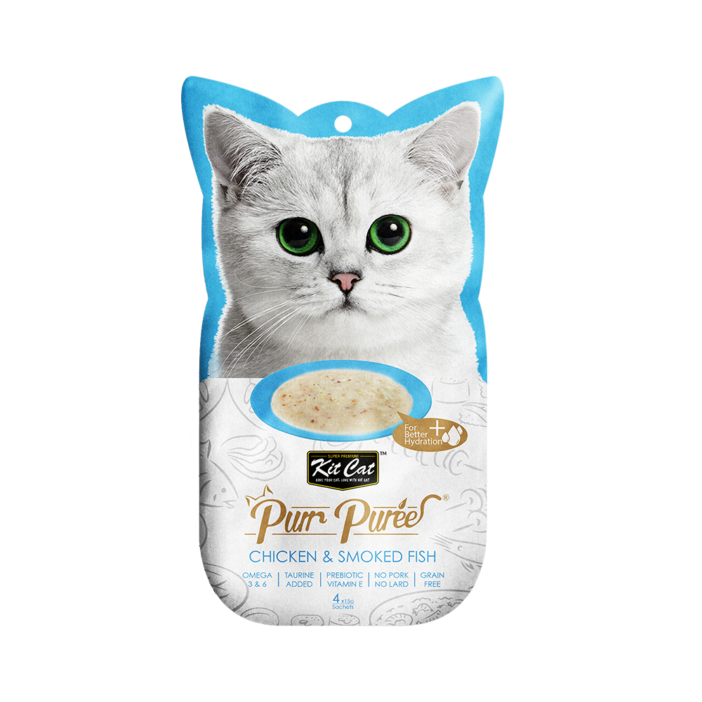 مكافآت قطط كت كات هريسة الدجاج والسمك المدخن Kit Cat Purr Puree Chicken & Smoked Fish
