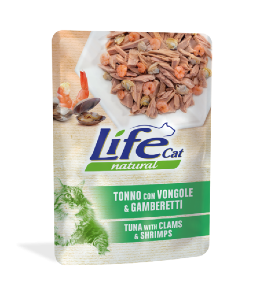 لايف كات اظرف رطبة للقطط البالغة بالتونة والمحار والروبيان Lifecat pouch Tuna with clams & shrimps