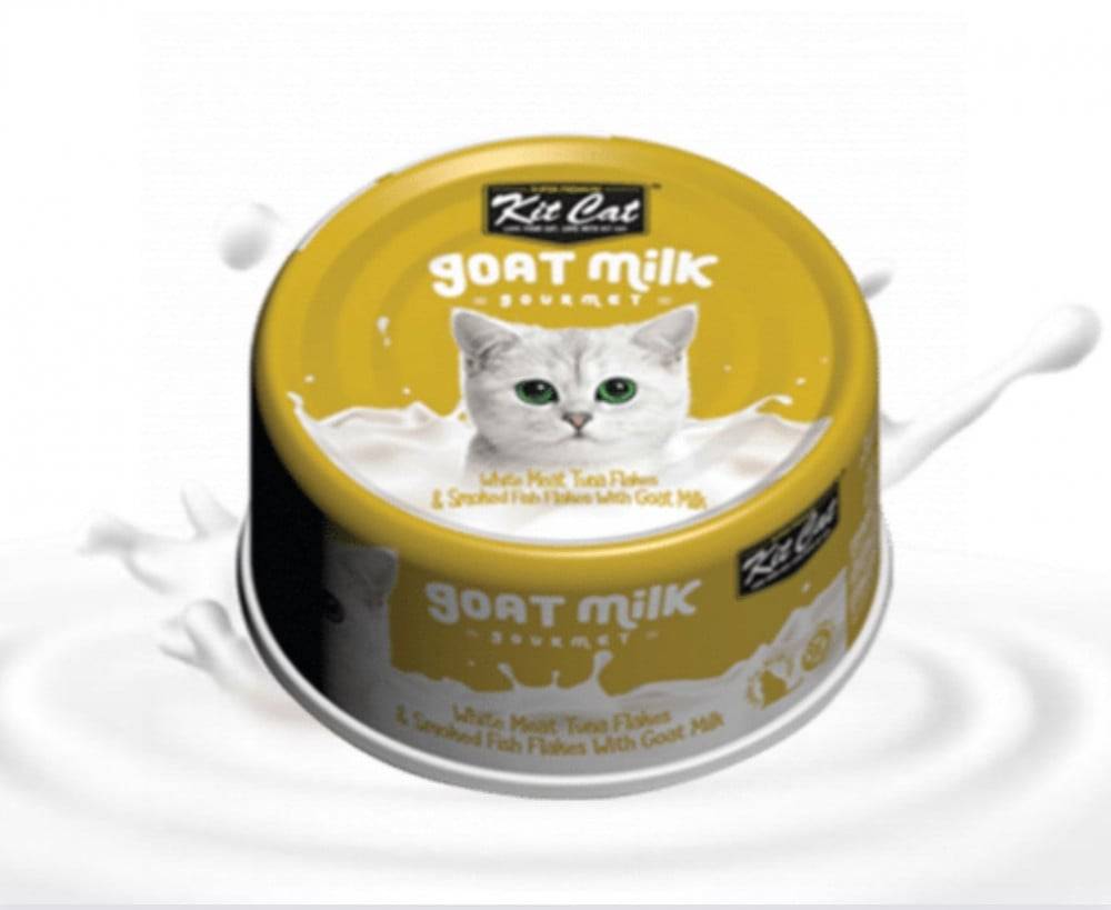 كت كات شرائح التونا البيضاء مع السمك المدخن و حليب الماعز 70غ Kit Cat White Meat Tuna Flakes & Smoked Fish Flakes With Goat Milk 70g