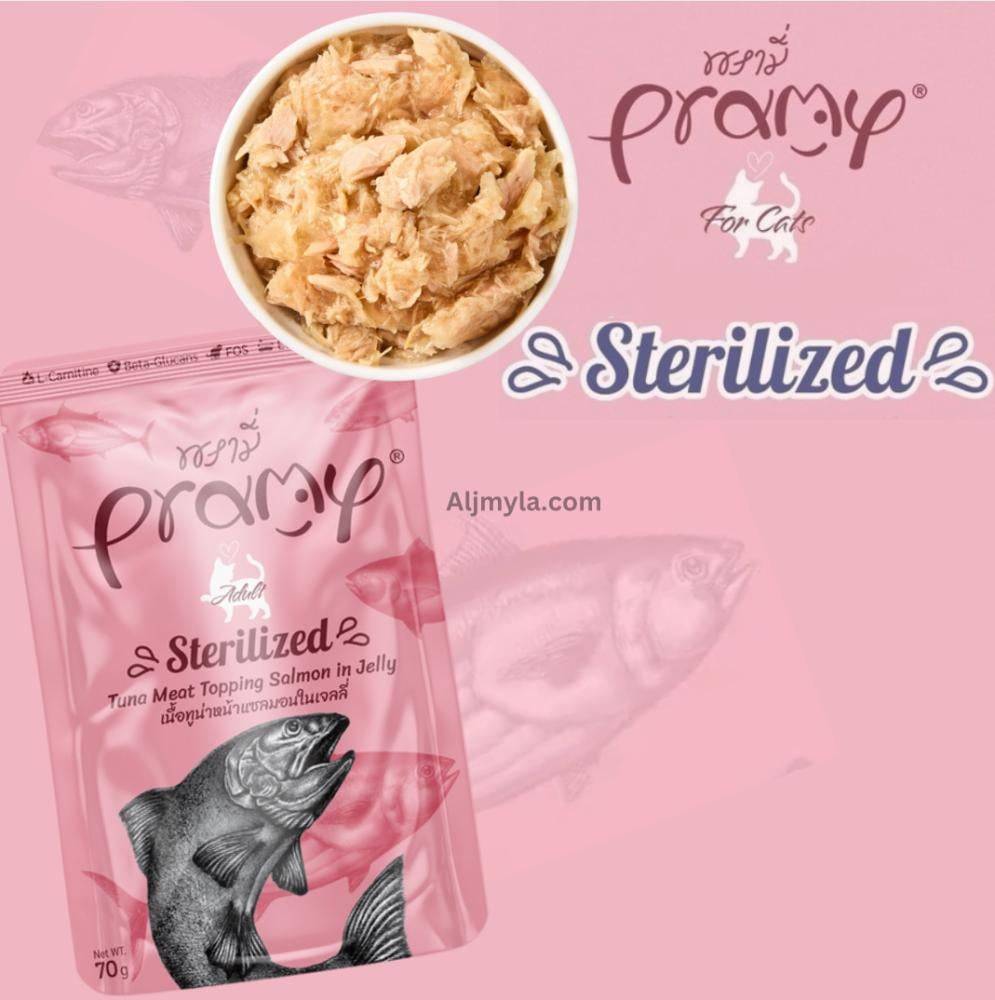 برامي اظرف التونة والسالمون في الجيلي (طعام رطب للقطط البالغة المعقمة) PRAMY Sterilized Tuna Meat Topping Salmon in Jelly - for Adult Cat