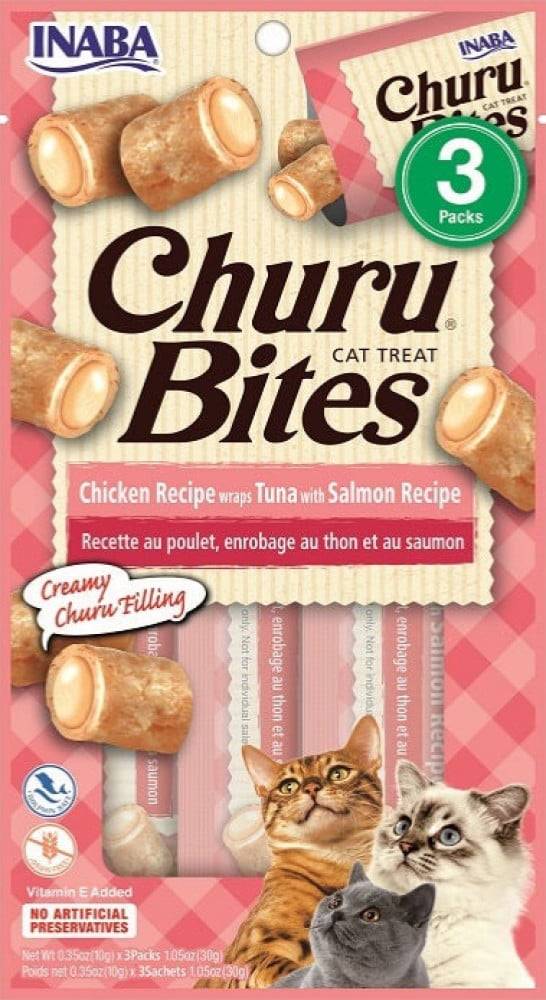 اينابا تشورو مكافآت قطط دجاج رطبة محشية تونا وسالمون (10جرام 3Xاظرف) / (INABA Churu Bites Cat Treats Chicken Recipe Wraps - Tuna With Salmon Recipe (3PacksX 10g