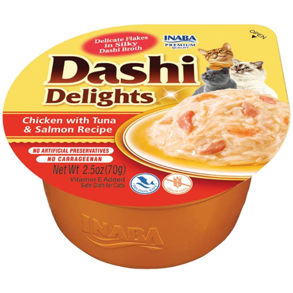 اينابا داشي ديلايت اكواب الدجاج مع التونة والسالمون في المرق 70غ INABA Dashi Delight Cups Chicken with Tuna & Salmon Recipe 70g