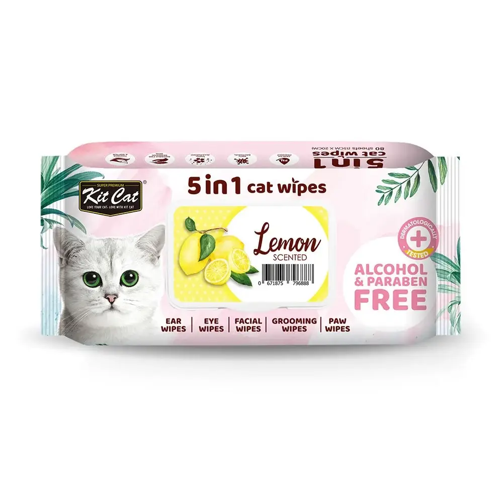 كت كات مناديل معطرة 5في1برائحة الليمون 80منديل KitCat 5 In 1 Cat Wipes Lemon Scented 80 Sheets