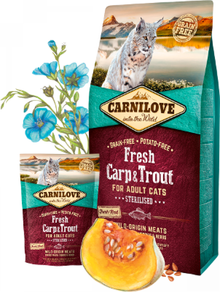 كارنيلوف وجبة غذائية للقطط سمك الشبوط والسالمون الطازج طعام جاف للقطط البالغة المعقمة 6كغ CARNILOVE Fresh Carp & Trout dry food - Sterilised 6kg