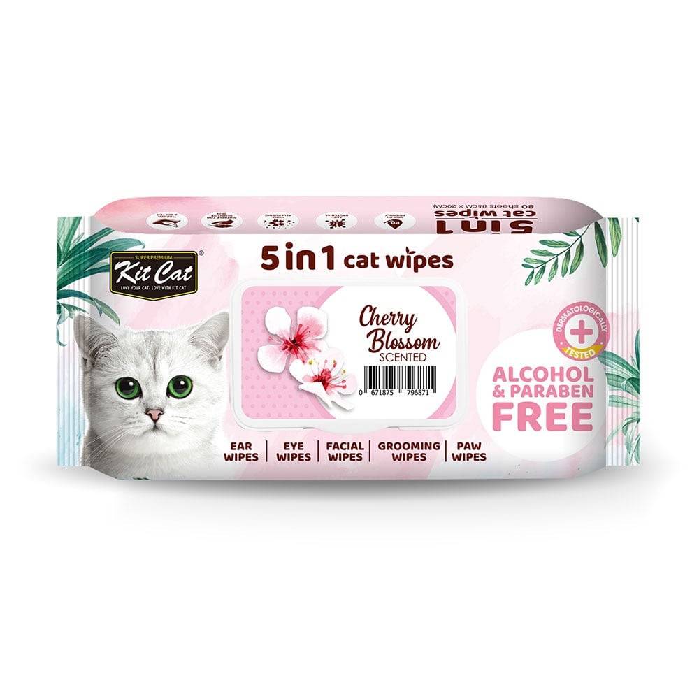 كت كات مناديل معطرة 5 في 1 برائحة زهرة الكرز 80 منديل KitCat 5 in 1 Cat Wipes Cherry Blossoms Scented 80 Sheets