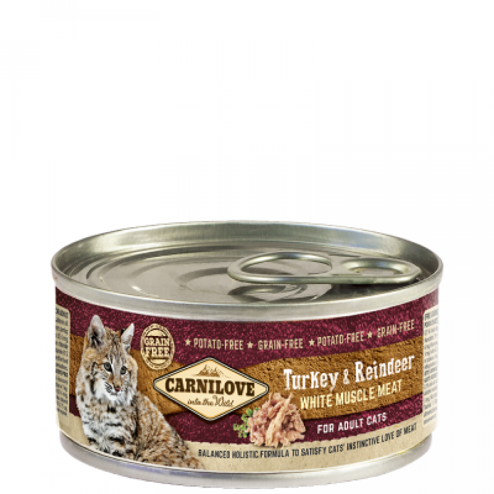 كارنيلوف معلبات طعام رطب للقطط البالغة الديك الرومي ولحم الرنة 100غرام CARNILOVE Turkey & Reindeer For Adult Cat 100g