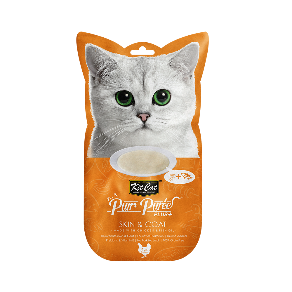 مكافآت قطط كت كات هريسة الدجاج وزيت السمك (العناية بالفرو والجلد) Kit Cat Purr Puree Plus + Chicken & Fish Oil (Skin&Coat)