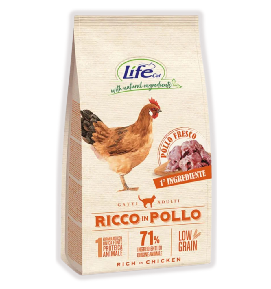 لايف كات طعام جاف للقطط البالغة نكهة الدجاج تركيبة منخفضة الحبوب Lifecat Adult Rich in Chicken Low Grain