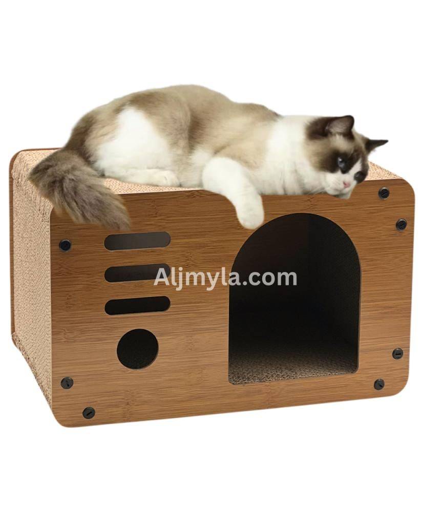 Wooden cat house - arched door front - cat scratcher