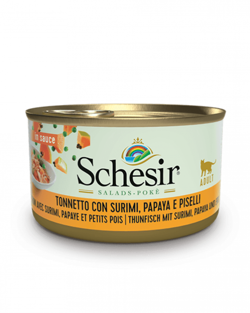 شيزر سلطة بالصلصة تونا وسوريمي وبابايا مع البازلاء (طعام رطب للقطط البالغة) 85غ Schesir Salad in Sauce Tuna with Suirimi & Papaya and Peas 85 g