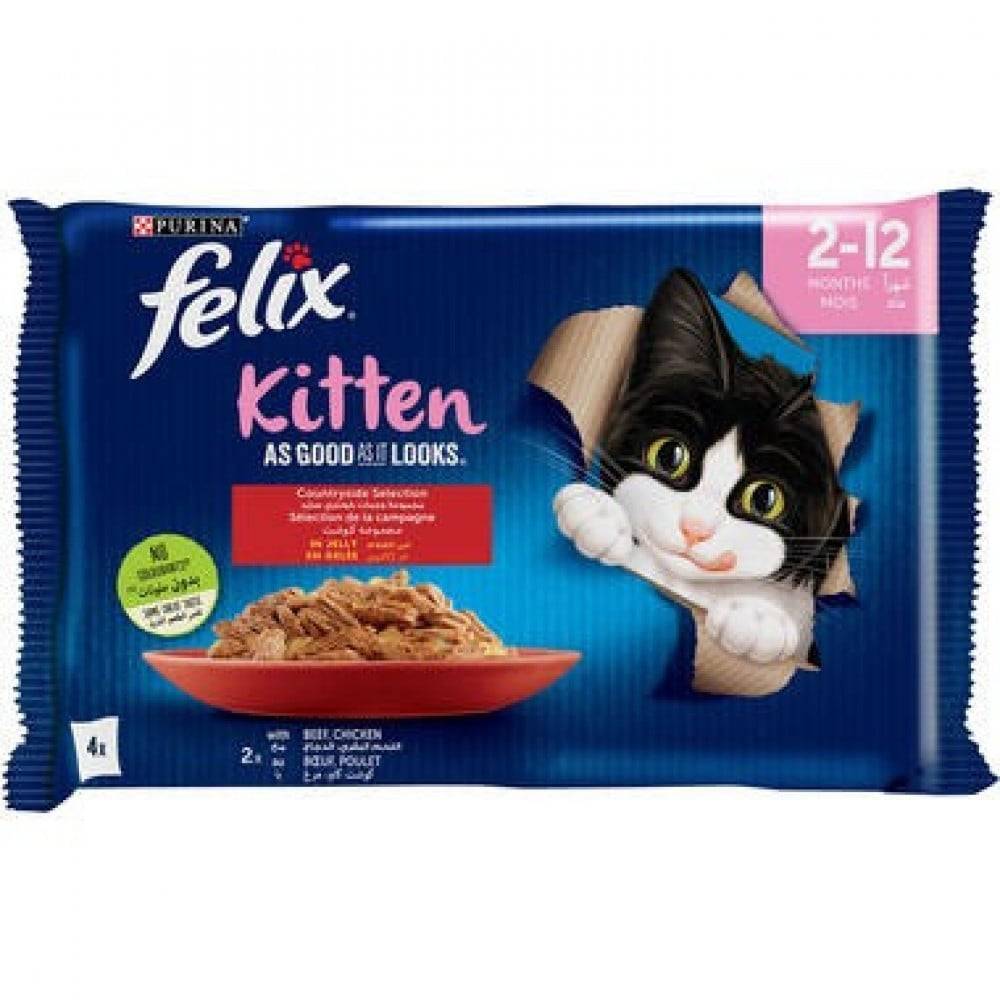 بيورينا فيليكس مجموعة وجبات مختارة من اللحوم للقطط الصغيرة 4 اظرف xجرام 85 PURINA FELIX Junior Countryside selection in Jelly with Beef and Chicken 4 Pouch x 85g