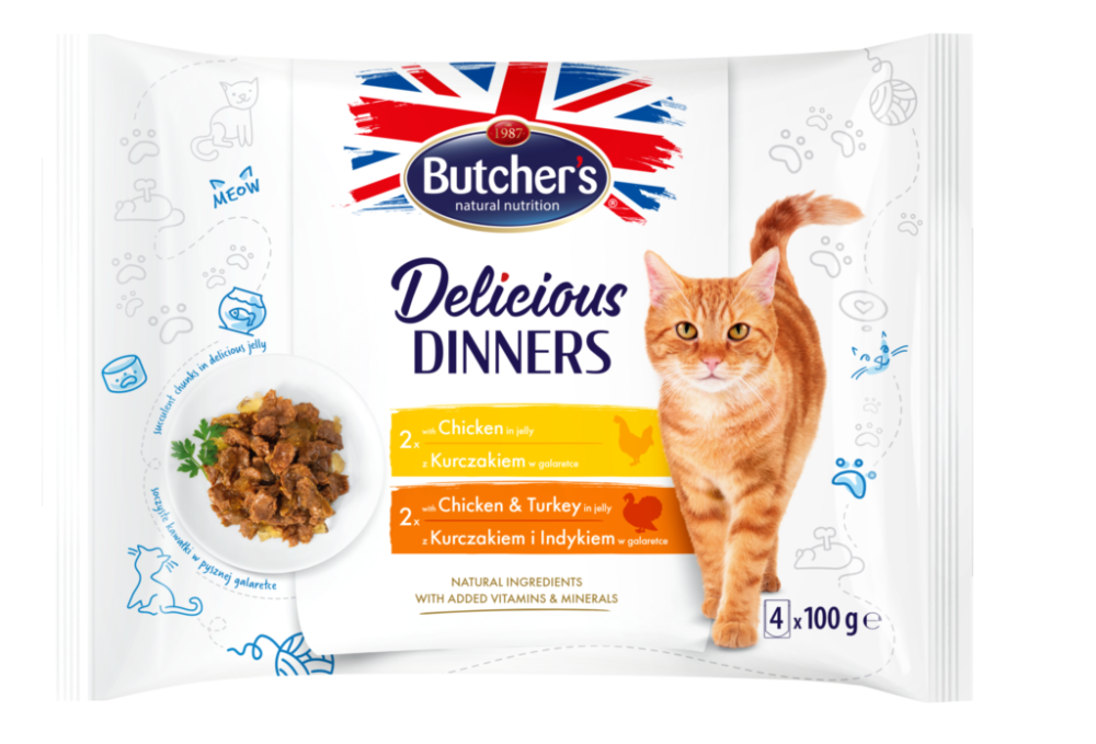 بوتشرز وجبة غذائية للقطط 2x اظرف الدجاج 2x اظرف الديك الرومي في الجيلي 4x100غ Butcher's Delicious Dinners Chunks in jelly with chicken and with chicken and turkey in Jelly