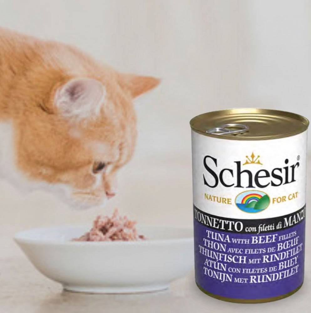 شيزر معلبات التونة مع اللحم البقري في الجيلي (طعام رطب للقطط البالغة) 140غ Schesir Fillet Tuna with Beef Natural Style 140g