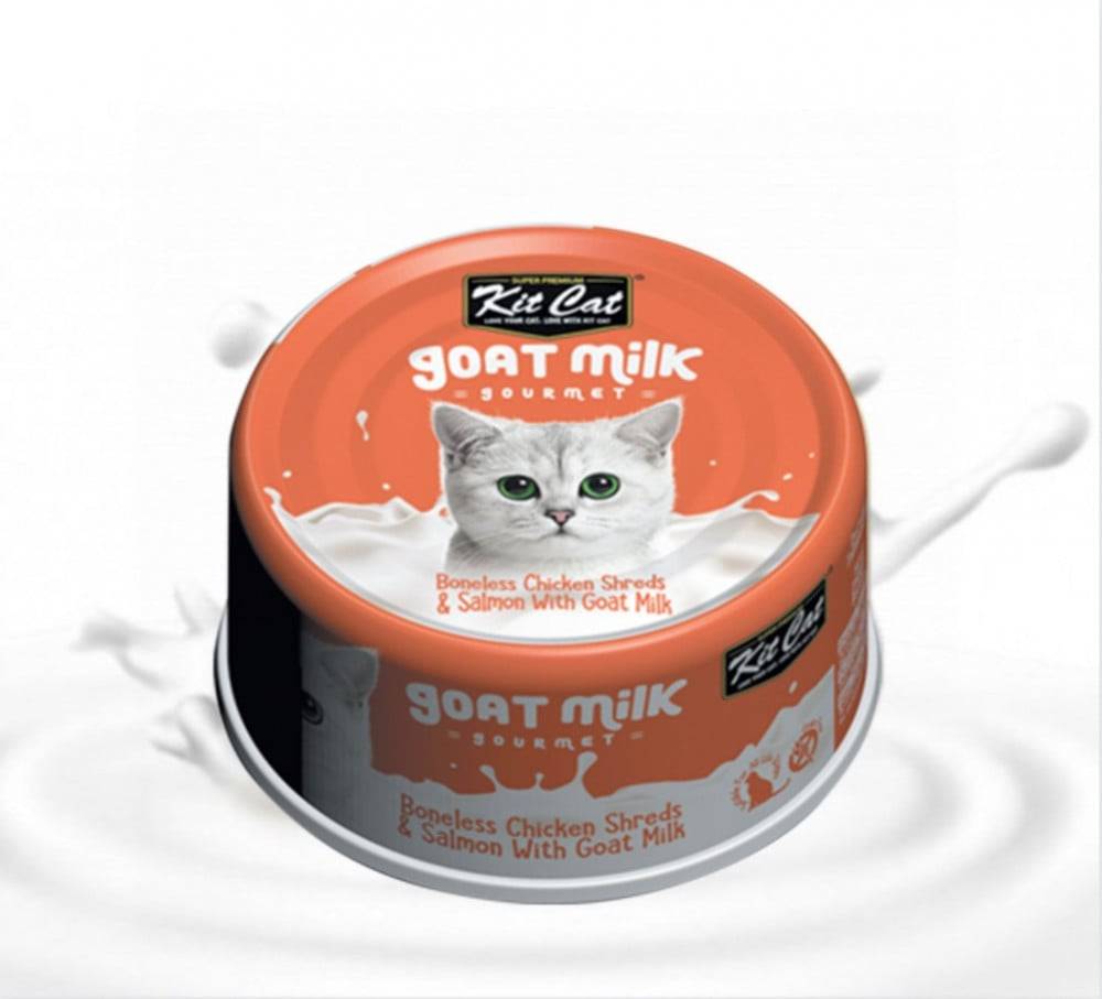 كت كات شرائح الدجاج مع السالمون وحليب الماعز 70غ Kit Cat Boneless Chicken Shreds & Salmon With Goat Milk 70g