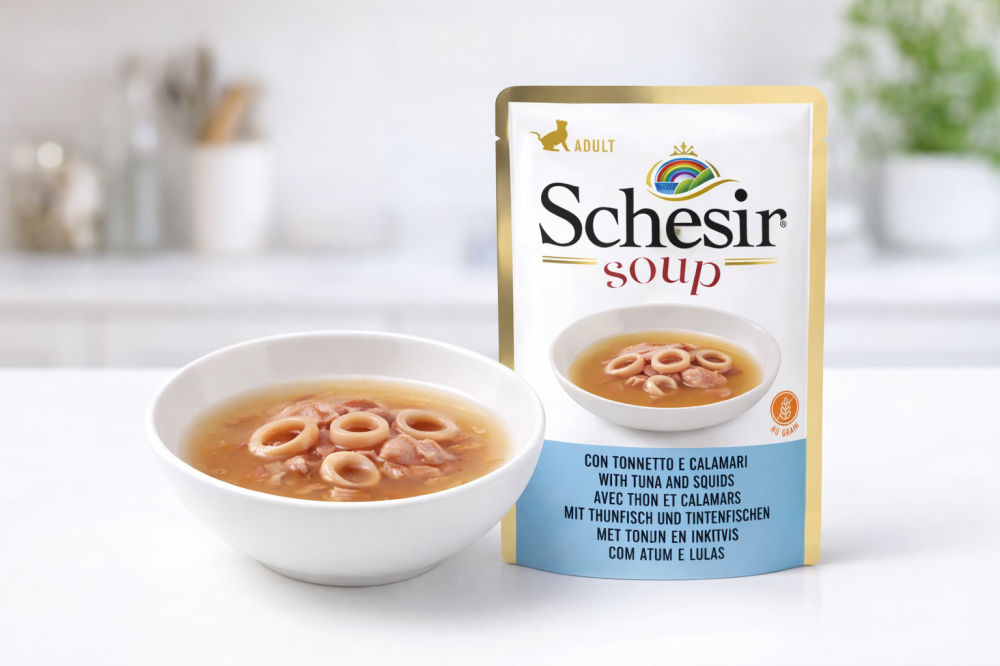 شيزر اظرف شوربة التونا مع الحبار في الجيلي Schesir Soup With Tuna And Squids for Adult Cat