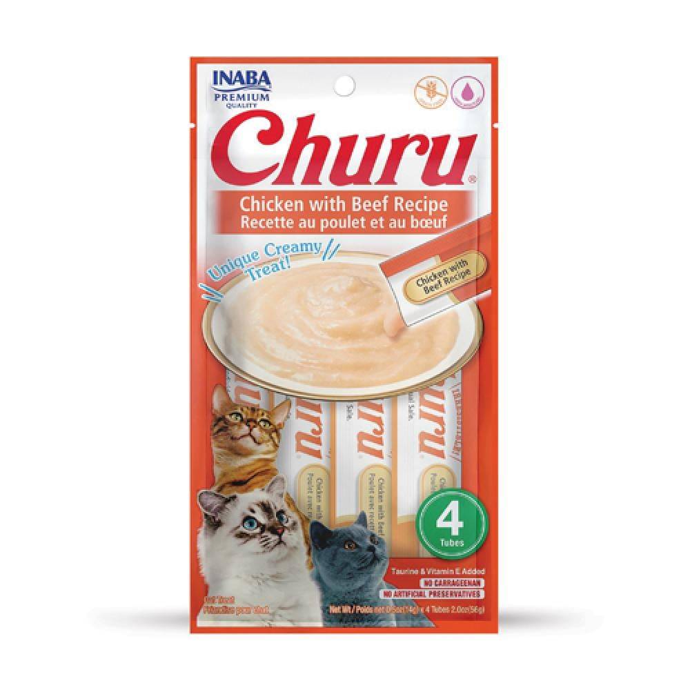 اينابا تشورو هريسة الدجاج واللحم البقري مكافآت قطط 4x14غ INABA Churu Chicken with Beef Recipe 4x14g