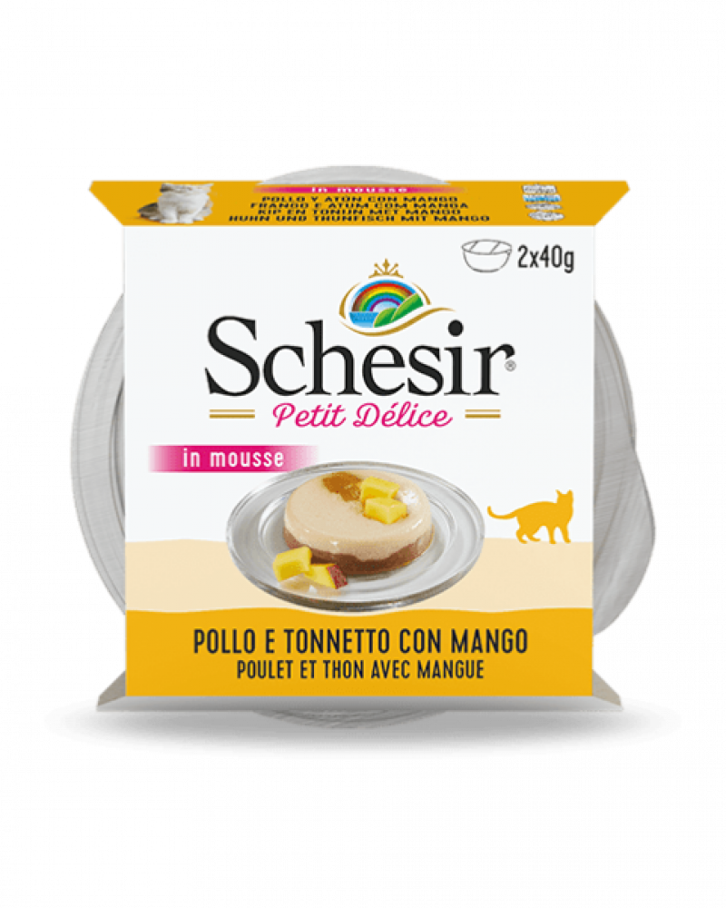 شيزر صحن الدجاج وسمك التونة بطعم المانجو في الموس 2x40 غ Schesir Petit Delice in Mousse Chicken & Tuna and Mango 2x40 g