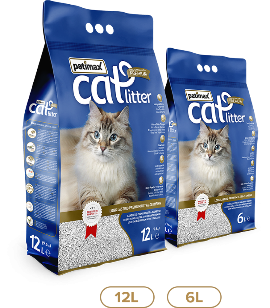 رمل قطط باتيماكس بريميوم خليط البنتونيت والزيوليت سريع الامتصاص - روائح متعددة Patimax Premium Ultra Clumping Cat Litter 12L
