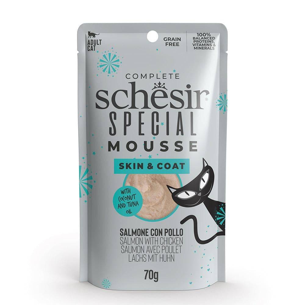 شيزر سبيشل اظرف السالمون والدجاج المهروس لصحة الجلد والفراء للقطط البالغة Schesir Special Skin & Coat with Salmon with Chicken in Mousse 70g in Pouch