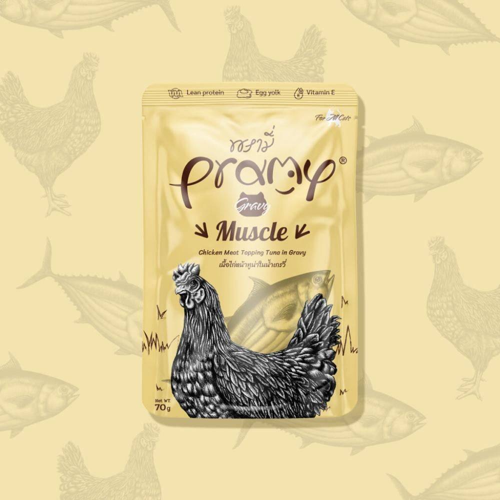 برامي اظرف الدجاج مع التونه في المرق (طعام رطب للقطط الصغيرة والبالغة) PRAMY Muscle Chicken Topping Tuna in Gravy