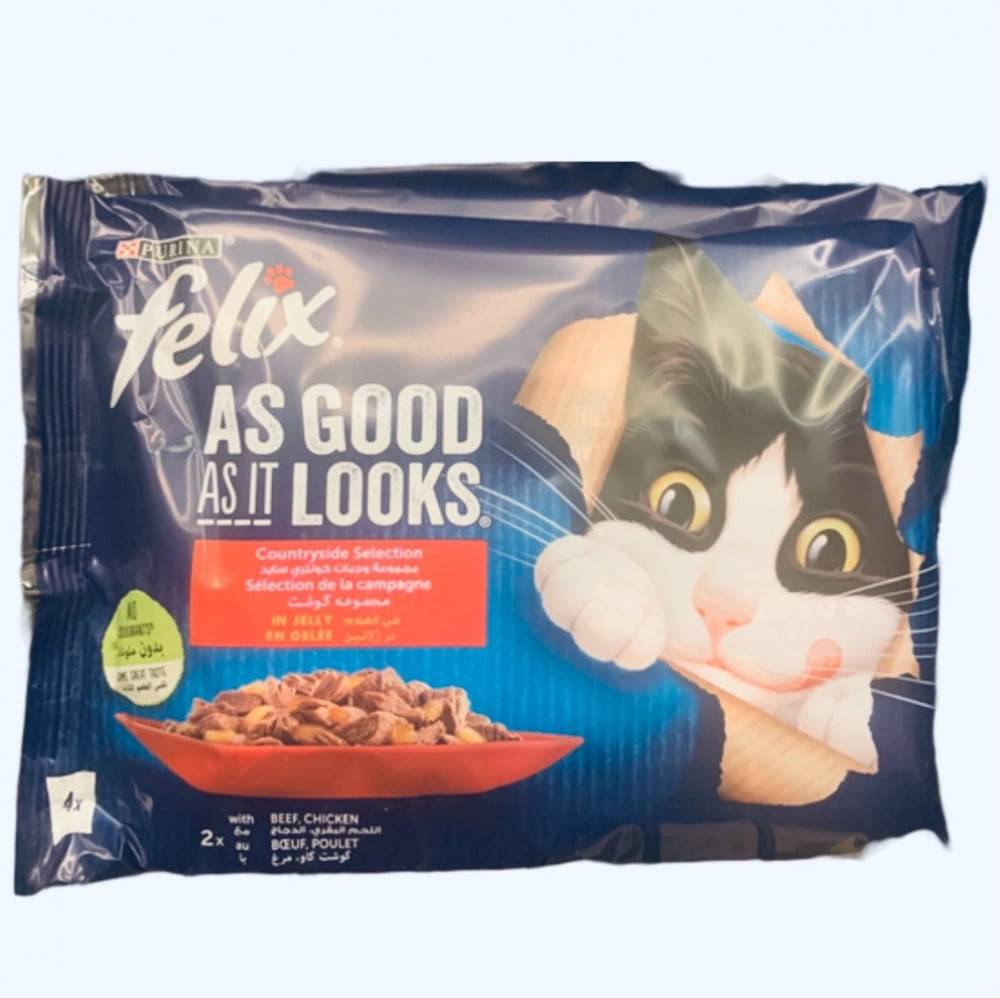 بيورينا فيليكس مجموعة وجبات كونتري سايد من اللحم والدجاج 4 اظرف × 85 جرام PURINA Felix Countryside Selection In Jelly 4 Pouch × 85g