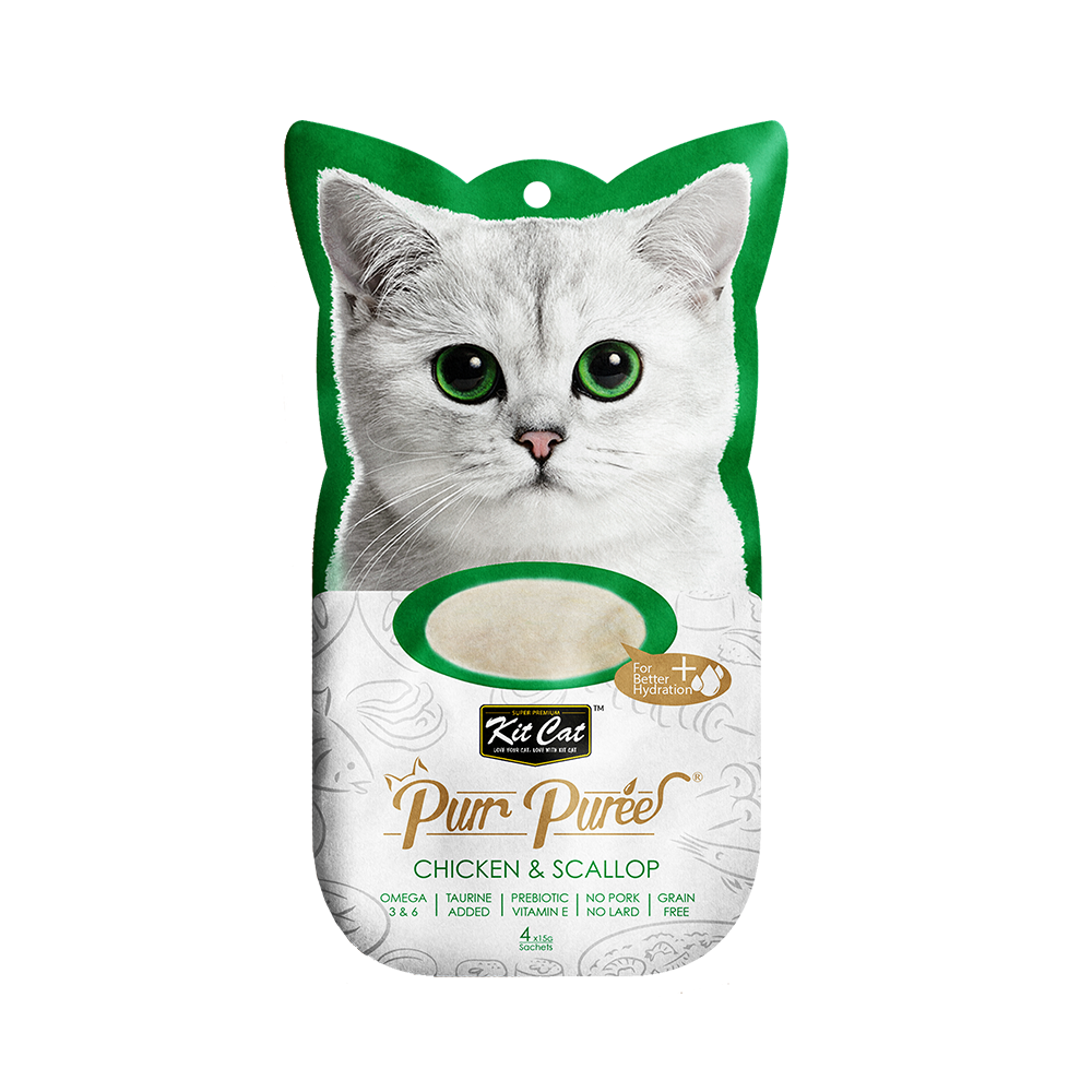 مكافآت قطط كت كات هريسة الدجاج والمحار الطازج Kit Cat Purr Puree Chicken & Scallop