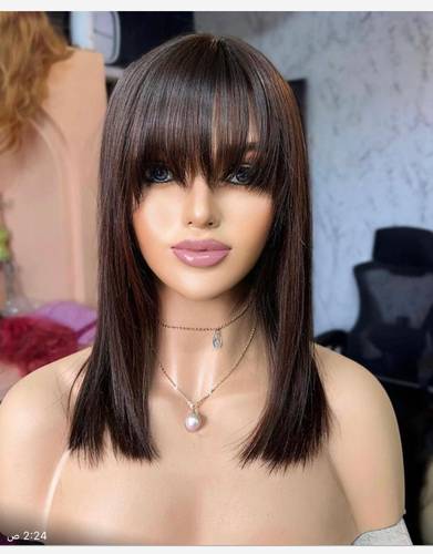 باروكة شعر طبيعي طول ١٤ انش لون بني كثافة متوسطة 150% فروه دانتيل جذور اماميه