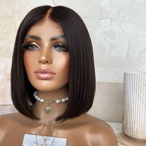 باروكة شعر طبيعي طول ١٢ انش لون اسود طبيعي فروه دانتيل كثافه طبيعيه جذور اماميه مقاس متوسط من الداخل