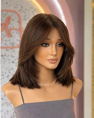 باروكة شعر طبيعي طول 12  انش مدرجه بني فاتح ي كثافه ١٥٠% جذور اماميه ميديم