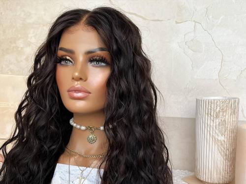 باروكة شعر طبيعي ١٦ انش  اسود كيرلي كثافه ١٨٠٪ جذور اماميه   فروه دانتيل