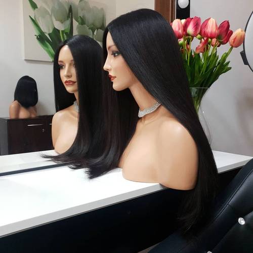 باروكة شعر طبيعى طول 24 انش كثافة 230 جذور دائرية لون اسود طبيعى