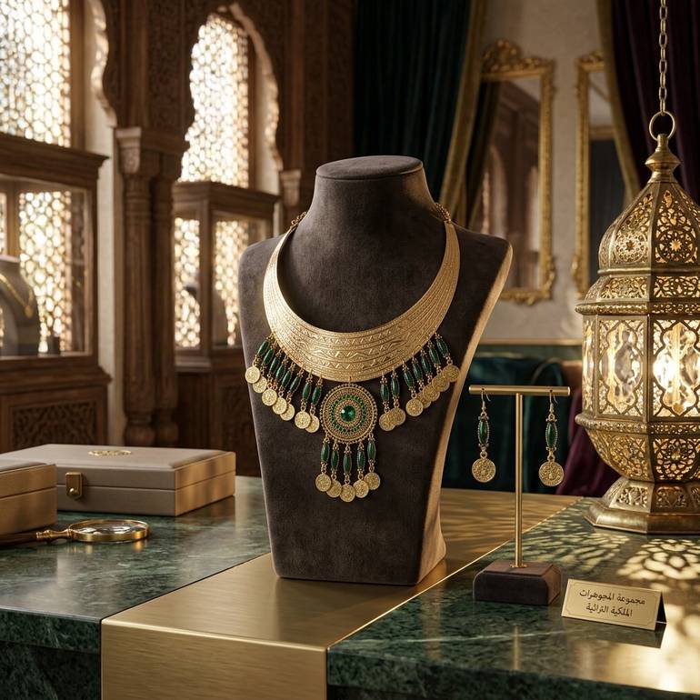 طقم اكسسوار ذهبي مع بعض الخرز الاخضر