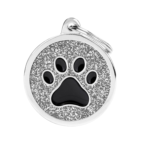MF Tags GREY BIG GLITTER CIRCLE BLACK PAW