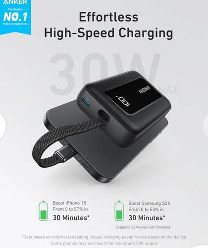 باور بانك أنكر زولو (10000 مللى امبير ، 30 وات، كابل USB-C مدمج) - أسود
