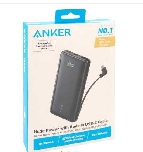 بطارية متنقلة انكر مع كيبل مدمج تايب سي بقوة 30 واط بسعة 20000mAh
