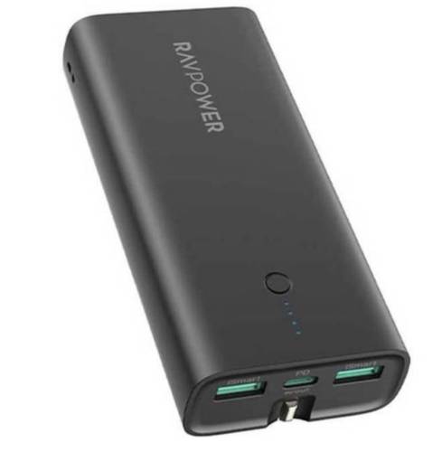 راف باور بطارية 10000 mAh مع شاحن جداري مدمج منفذين يو اس بي ومنفذ تايب سي بتقنية بي دي 20 واط موديل PB243