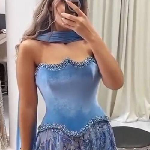 فستان سماوي تفته مع كلفه شك وشال تفته 