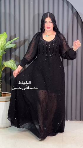 فستان اسود جورجيت قطعتين تطريز فصوص ولولو